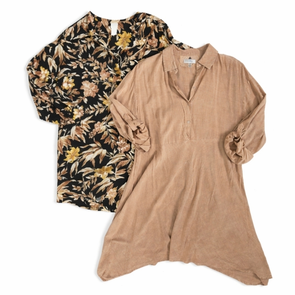 Fall Tunic Bundle - Dark green gold floral and Beige neutral asymetric hem S/M